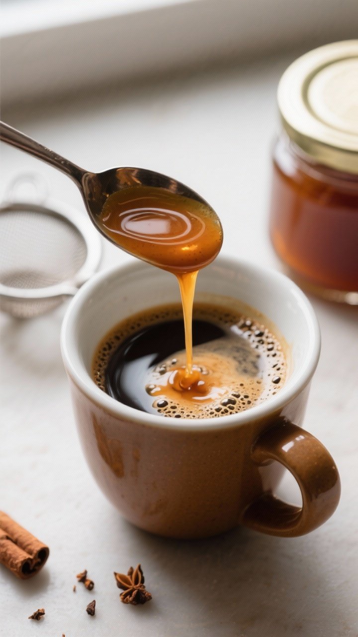 Close-up detail: A glossy stream of finished pumpkin syrup being spooned into a warm mug of freshly 