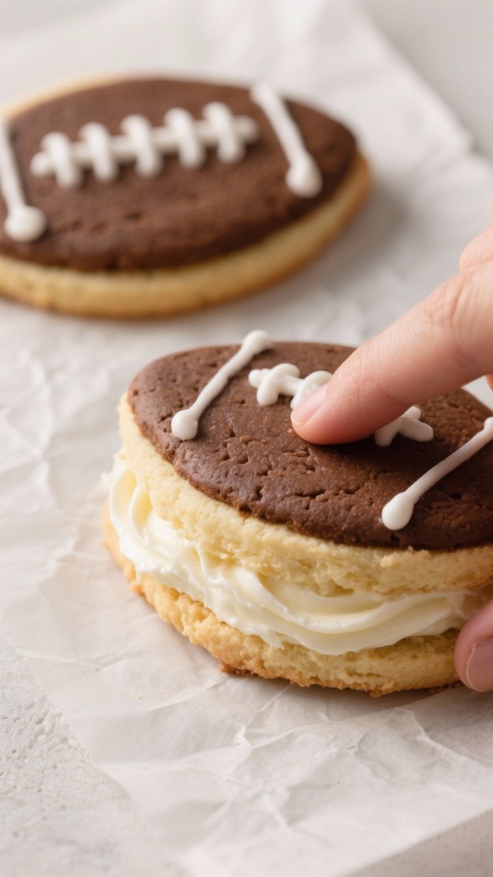 Close-up detail: A just-assembled football-shaped sugar cookie sandwich being gently pressed togethe