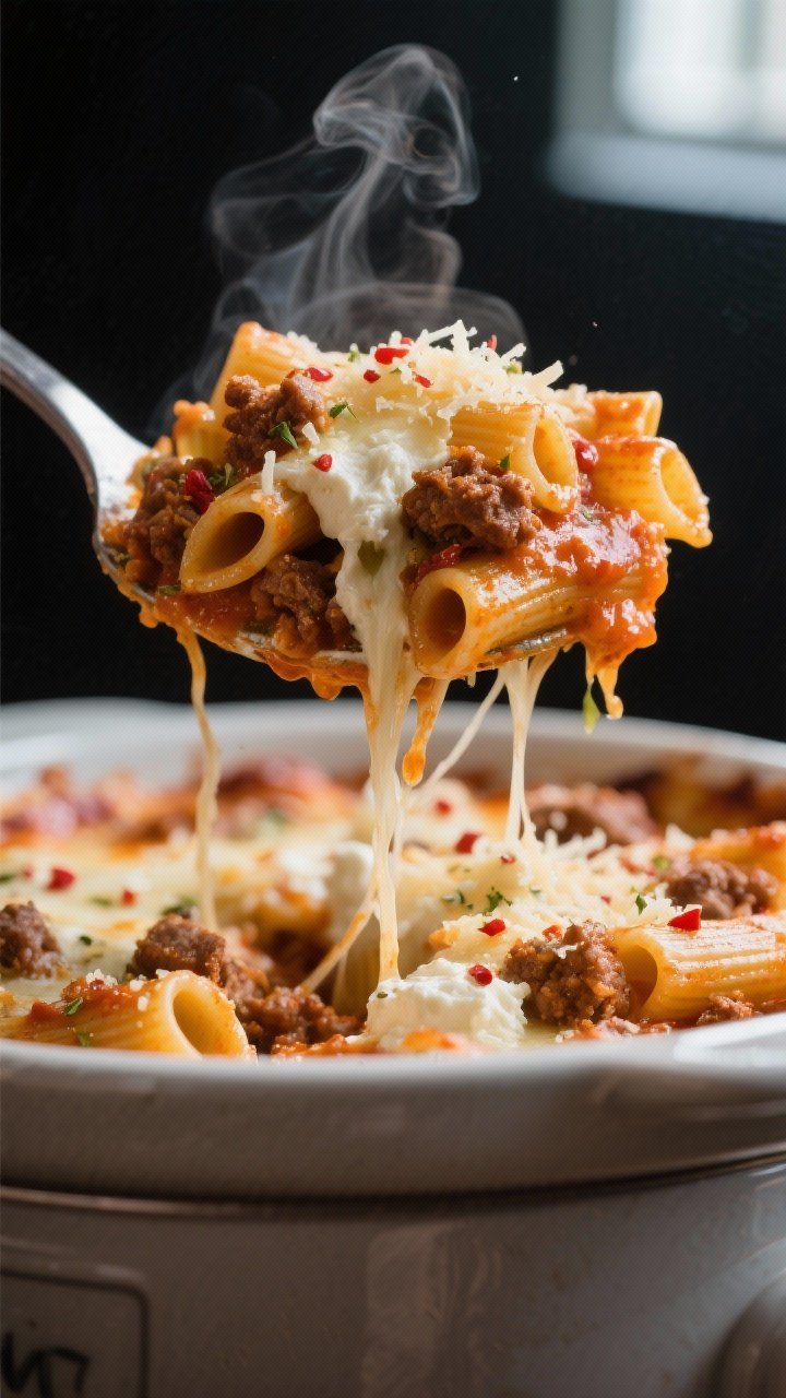 Close-up detail: A just-cooked scoop of slow cooker baked ziti lifted from the crock, showing glossy