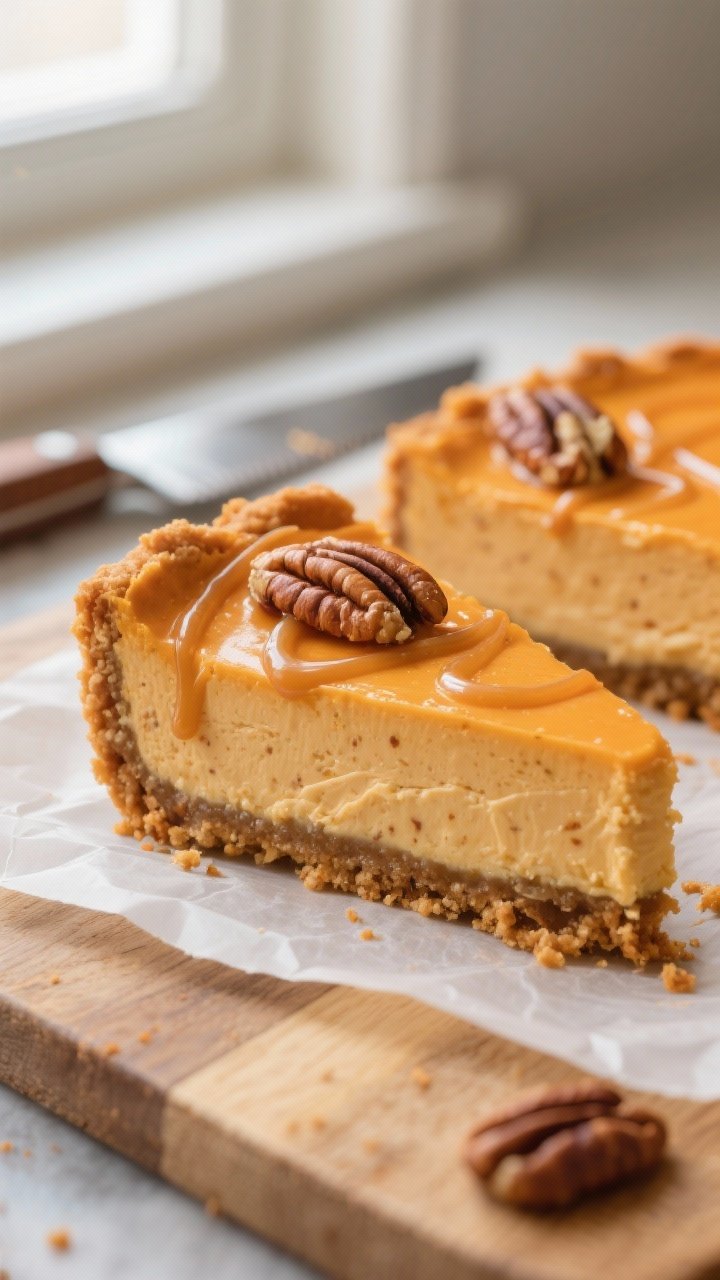 Close-up detail: A sliced Pumpkin Cheesecake Bar showing a thick, golden-brown buttery graham crust 