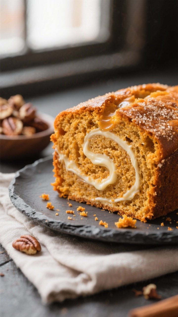 Close-up detail: A thick slice of baked pumpkin bread with a glossy cream cheese ribbon running thro