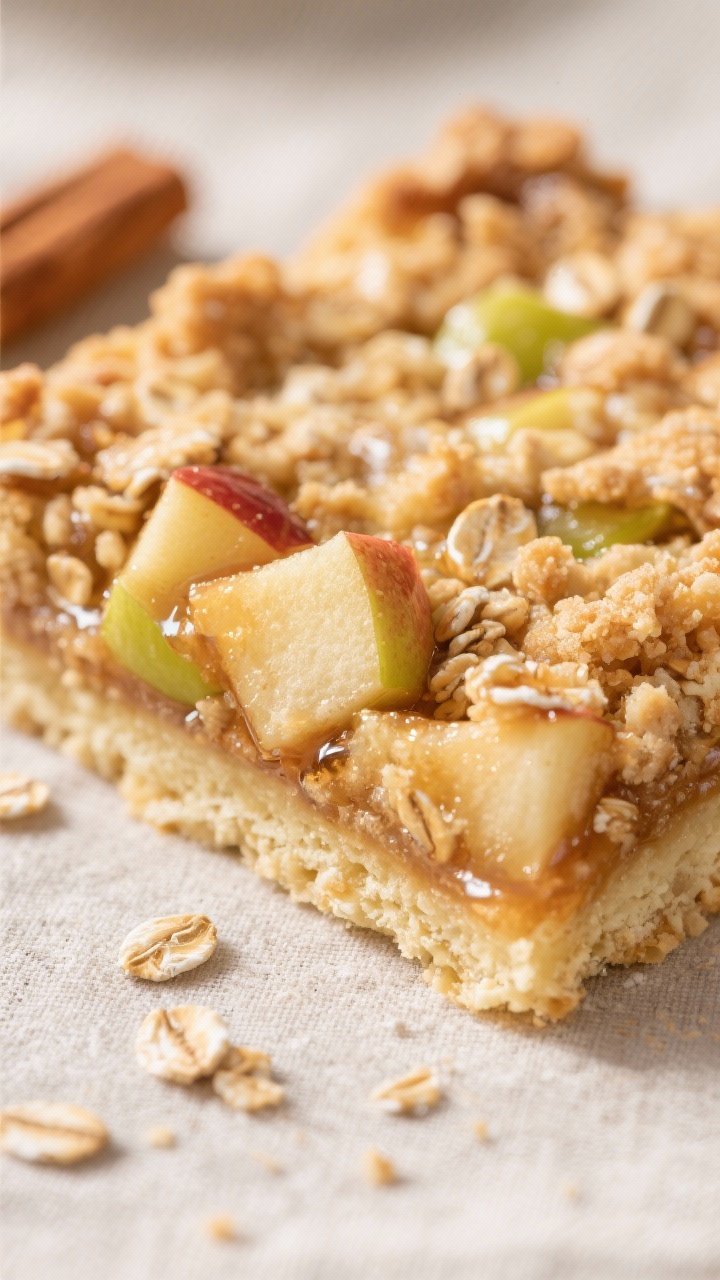 Close-up detail: A tight macro of Cinnamon Apple Crumble Bars just after cooling, showing glossy, bu