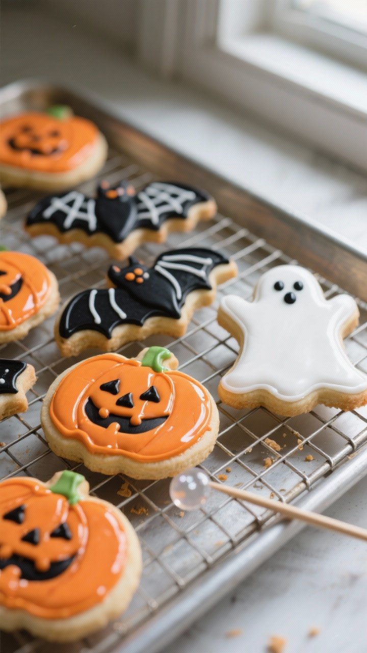 Close-up detail: A tray of freshly baked Halloween sugar cookies (ghosts, pumpkins, bats) cooling on