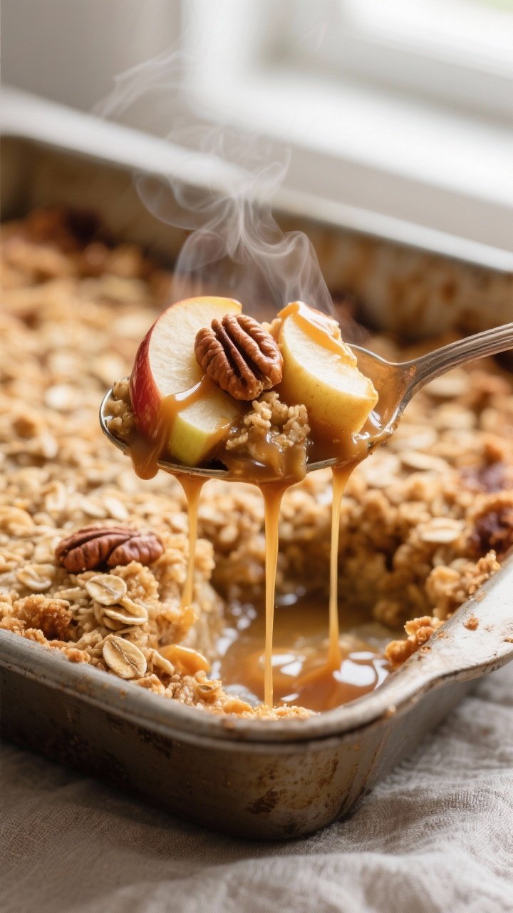 Close-up detail: A warm spoonful of baked caramel apple crisp being lifted from the pan, showing ten