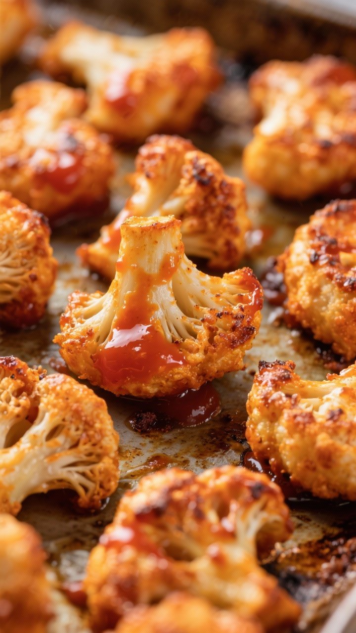 Close-up detail: Baked Buffalo Cauliflower Bites fresh from the oven, showing deeply browned, crispe