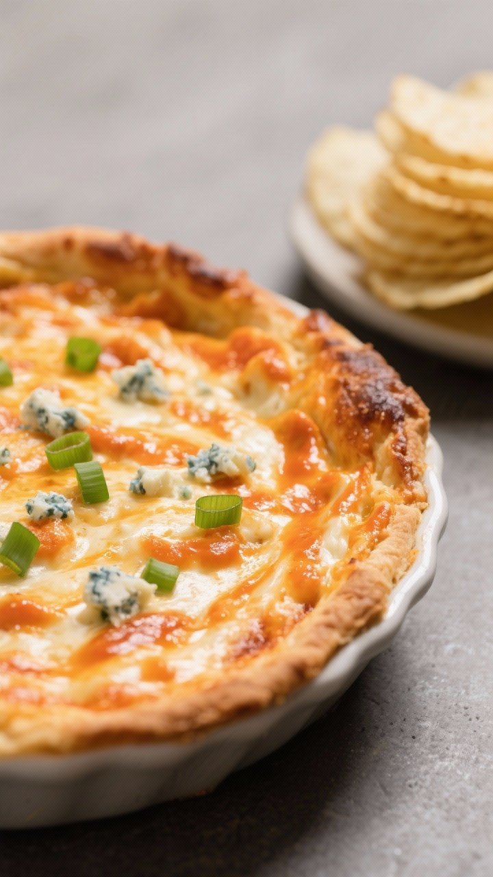 Close-up detail: Buffalo Chicken Cream Cheese Dip fresh from the oven, bubbling edges with lightly b