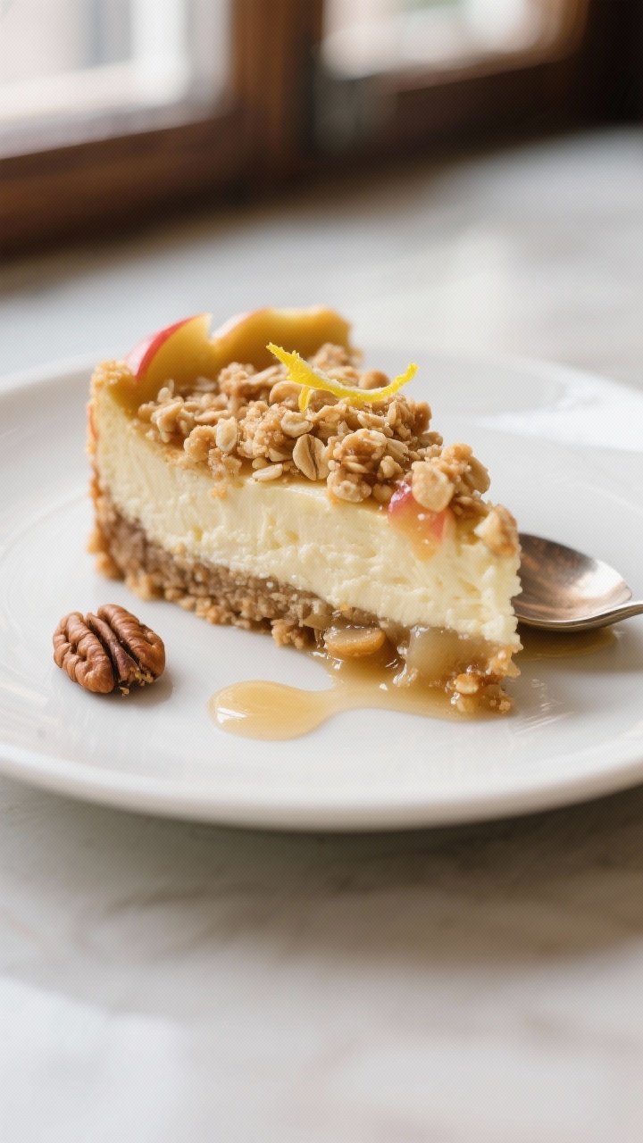 Close-up detail — cheesecake layer reveal: Apple Crisp Cheesecake slice plated on a matte white de