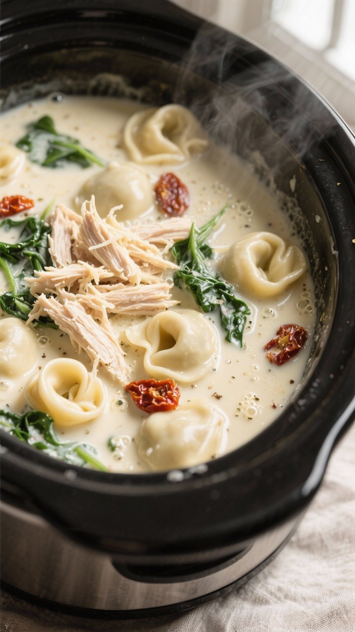 Close-up detail: Creamy crockpot chicken tortellini just after the dairy step, showing shredded chic