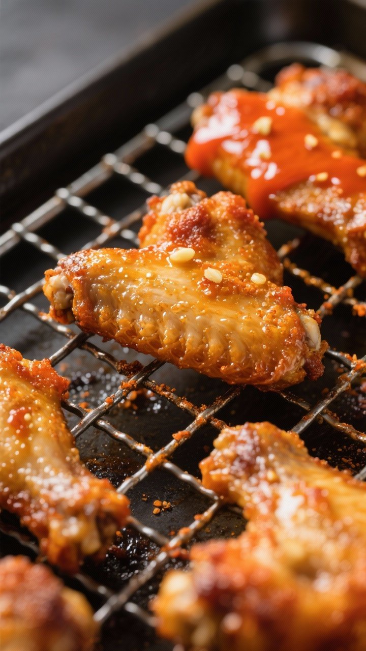 Close-up detail: Crispy oven-baked chicken wings just out of the oven on a wire rack, golden blister
