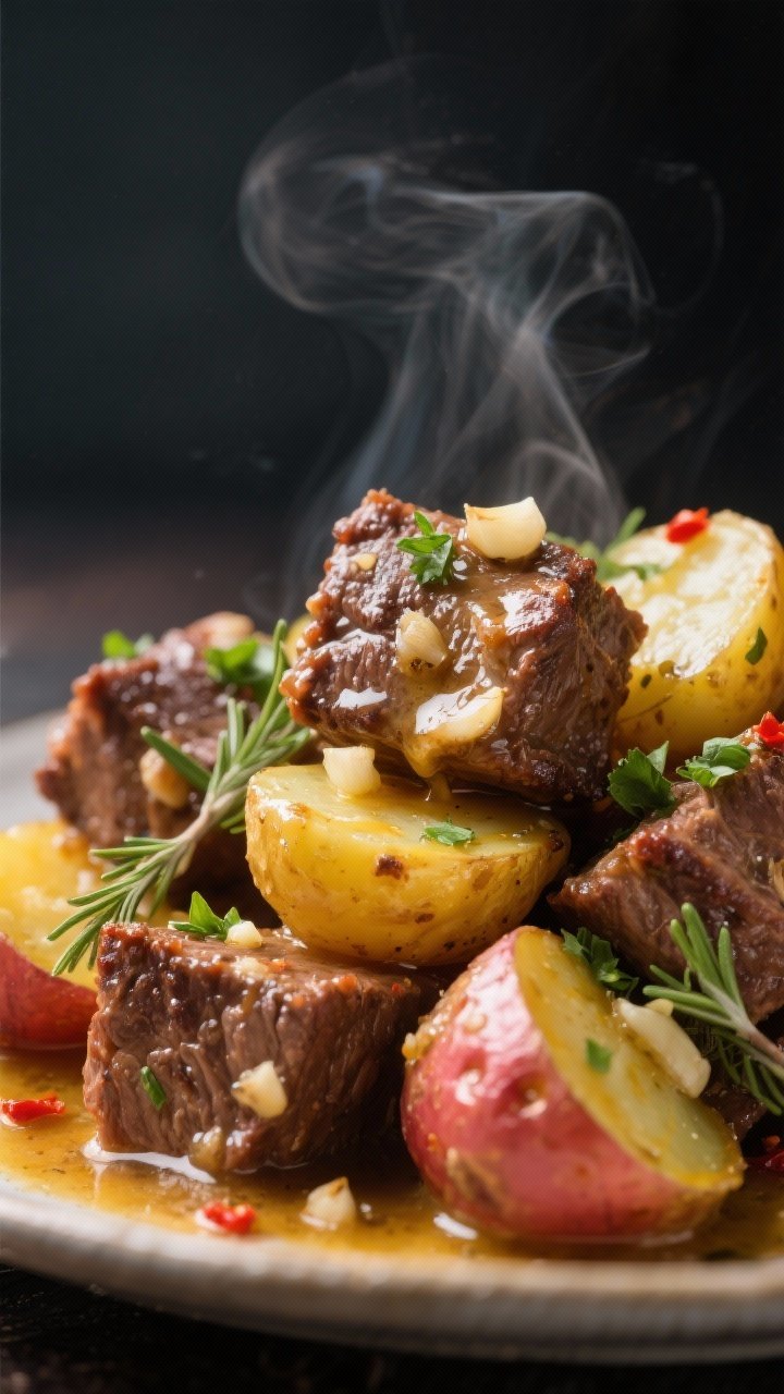 Close-up detail: Crockpot garlic butter beef bites fresh from the slow cooker, glistening in a rich,