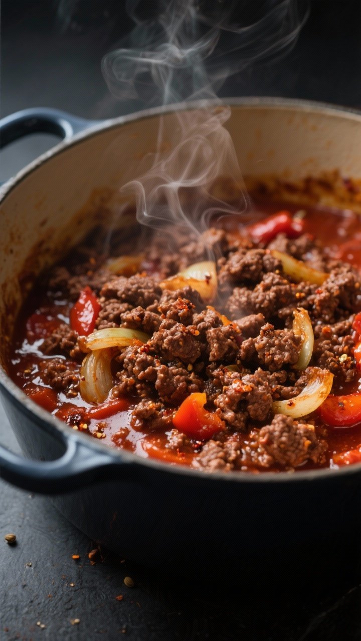 Close-up detail: Deeply browned crumbles of ground beef and sautéed onions and peppers in a Dutch o