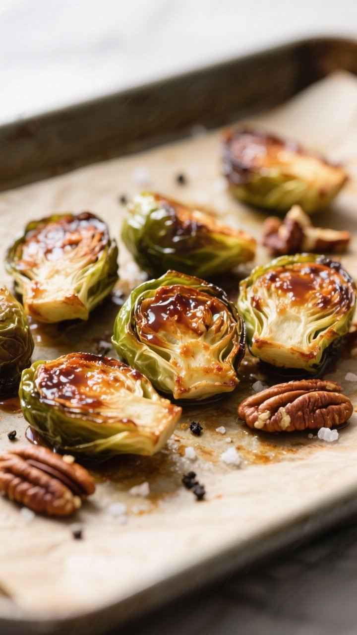 Close-up detail: Deeply caramelized Brussels sprouts, cut-side down on a parchment-lined sheet pan a