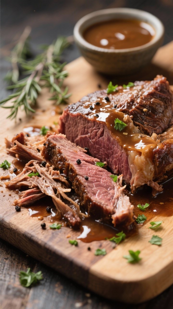Close-up detail: Fall-apart tender chuck roast being shredded into rustic chunks on a cutting board,