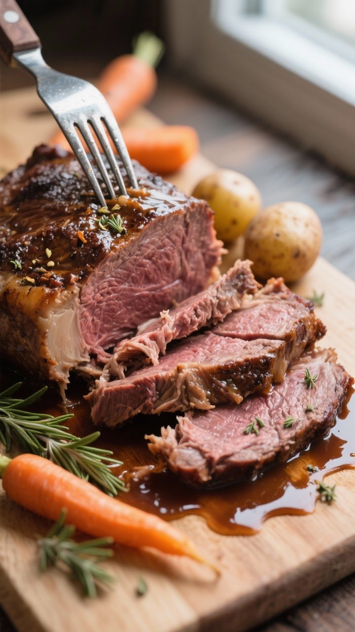Close-up detail: Fork-tender chuck roast being pulled apart on a cutting board right after resting, 
