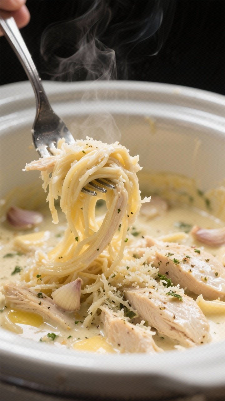 Close-up detail: Fork-tender shredded Parmesan chicken being folded back into a glossy Alfredo-Parme