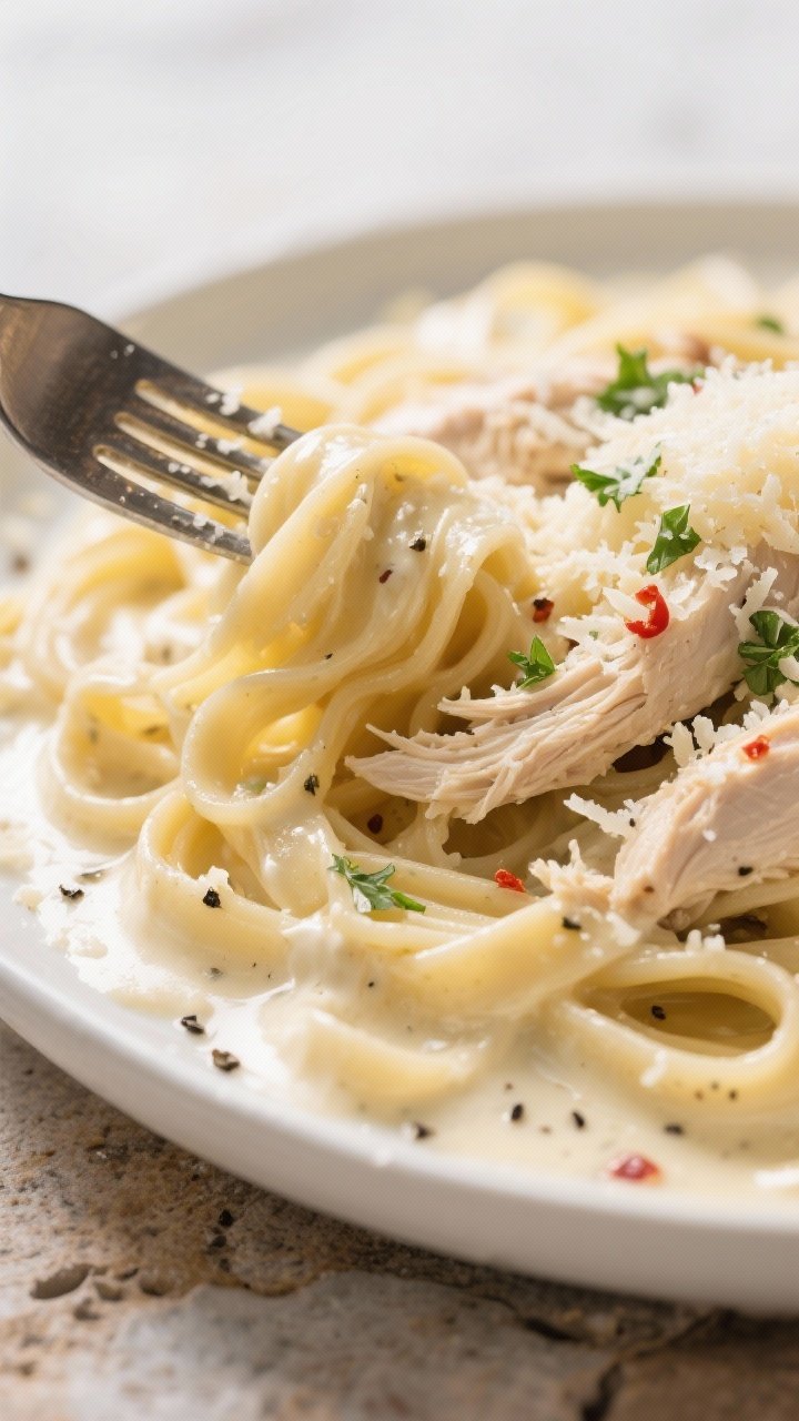 Close-up detail: Fork-twirled fettuccine Alfredo with shredded slow-cooker chicken nestled in a velv