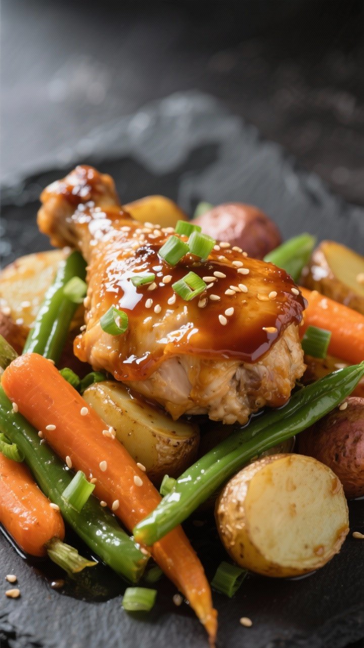 Close-up detail: Glazed honey-garlic chicken thigh resting atop buttery carrots and baby potatoes, c