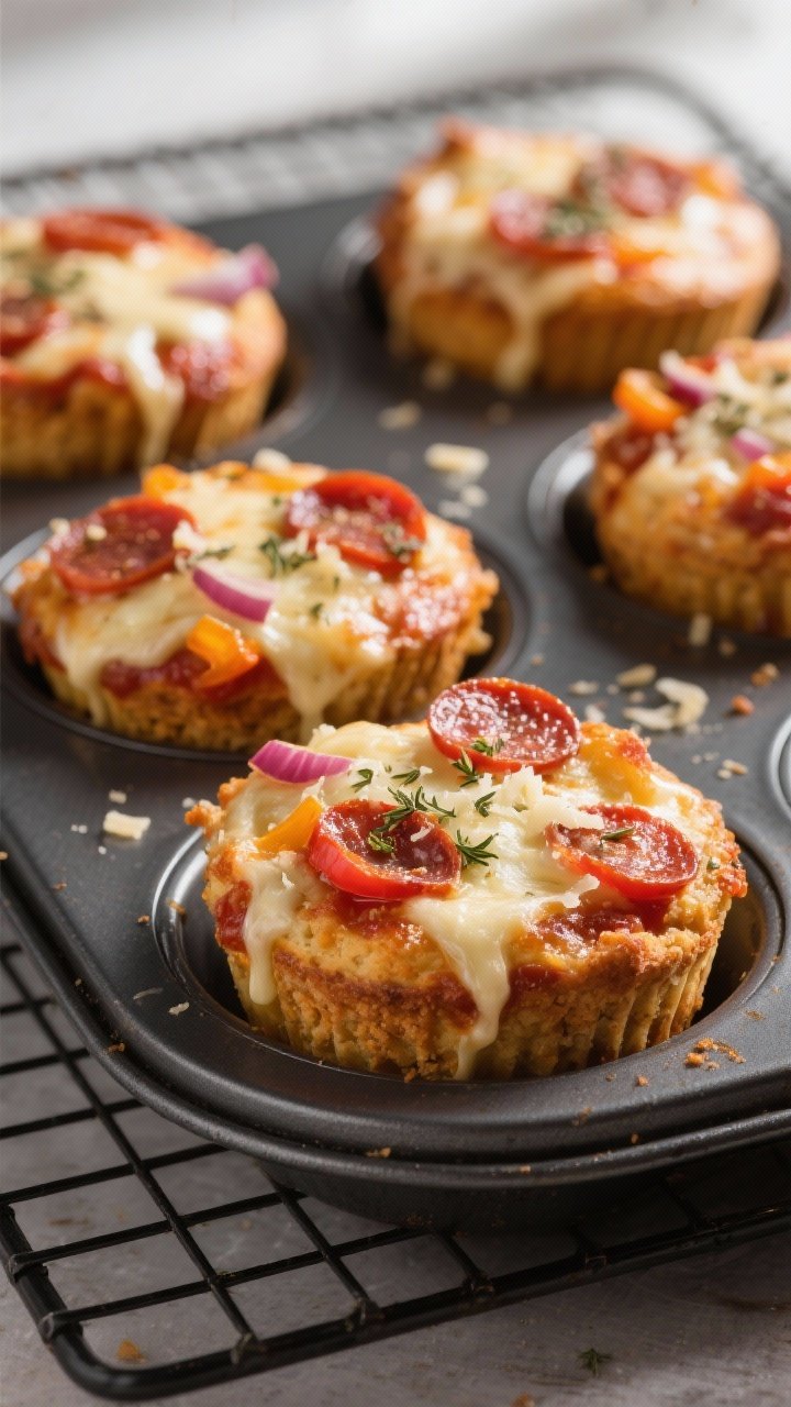 Close-up detail: Golden-browned pizza muffins just out of the oven, tops crowned with melted mozzare