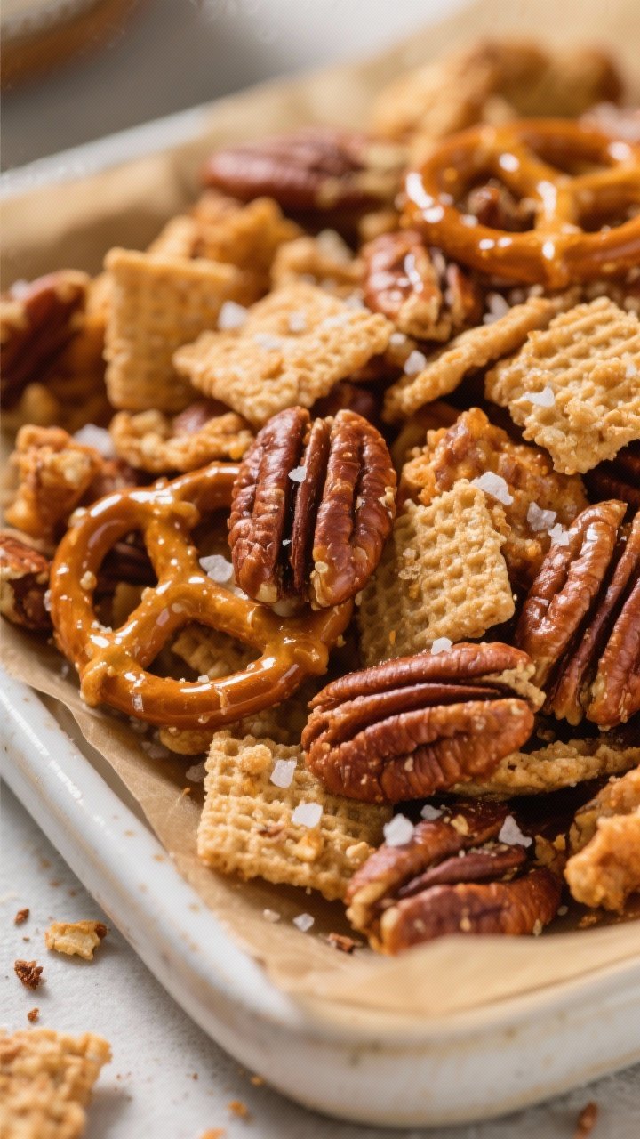 Close-up detail: “Maple Pecan Pie” Chex Mix, macro shot of caramelized clusters showing glossy m