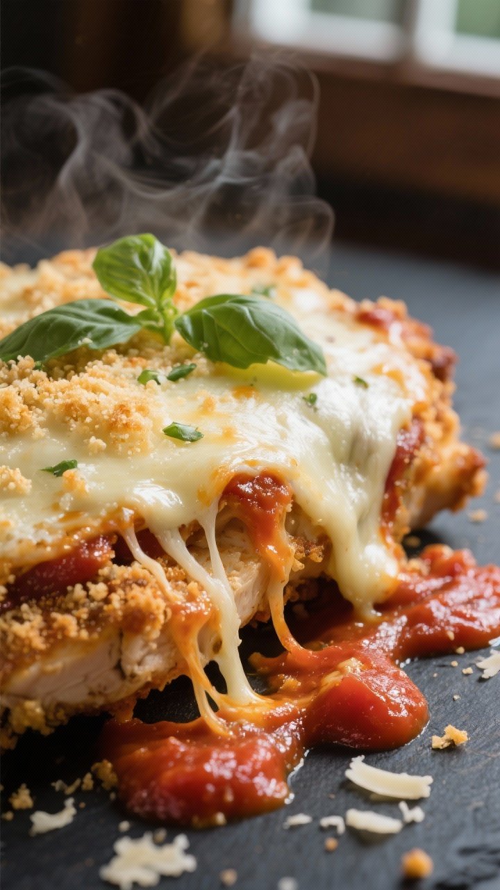 Close-up detail: Melted mozzarella and provolone blanket over slow-cooked Chicken Parmesan just afte