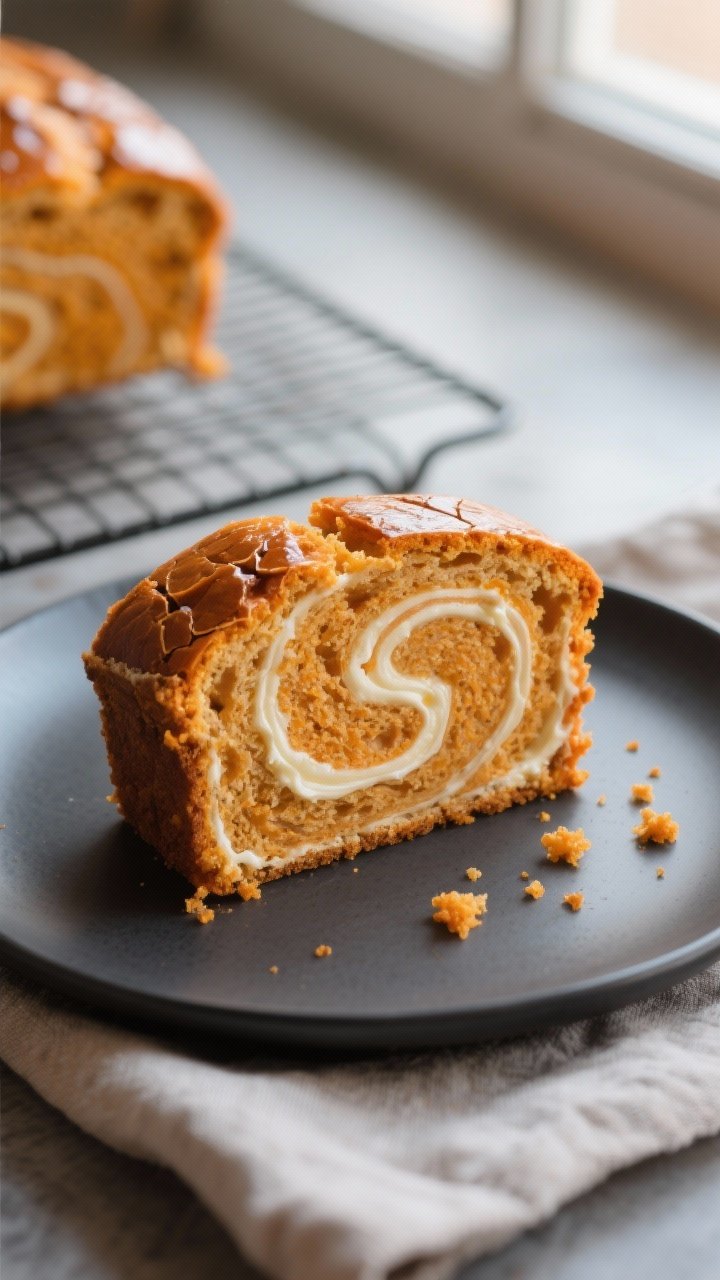 Close-up detail of a cream cheese swirl pumpkin bread slice, showing the marbled cream cheese ribbon