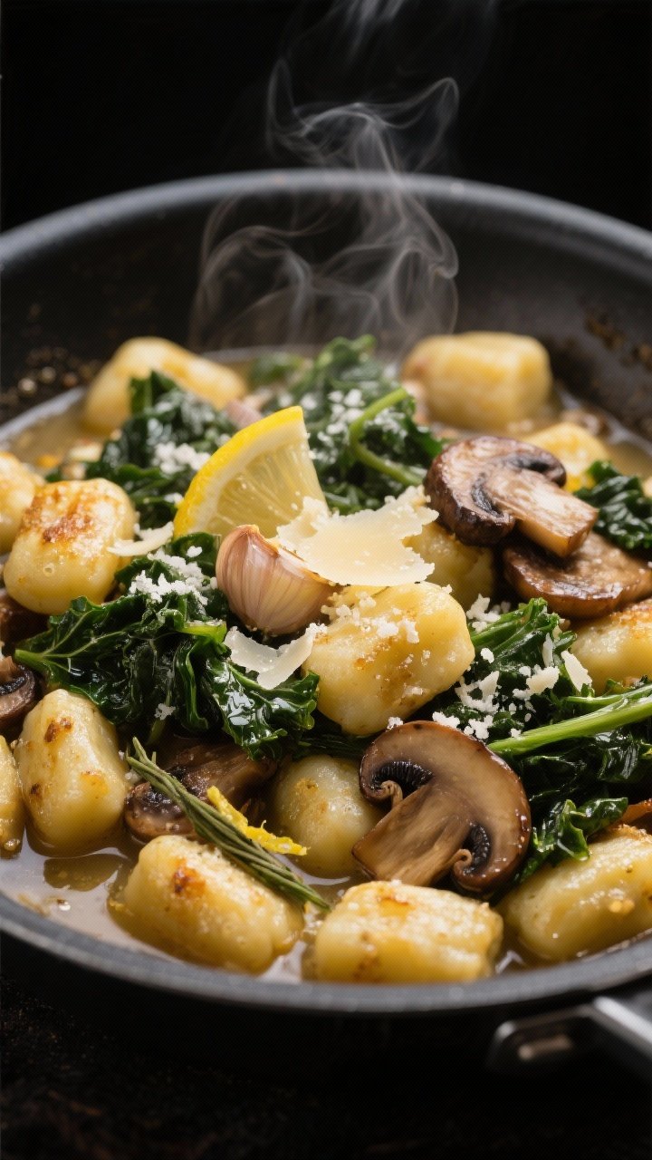 Close-up detail of Skillet Gnocchi with Mushrooms & Kale mid-finish: golden, crisp-edged gnocchi nes