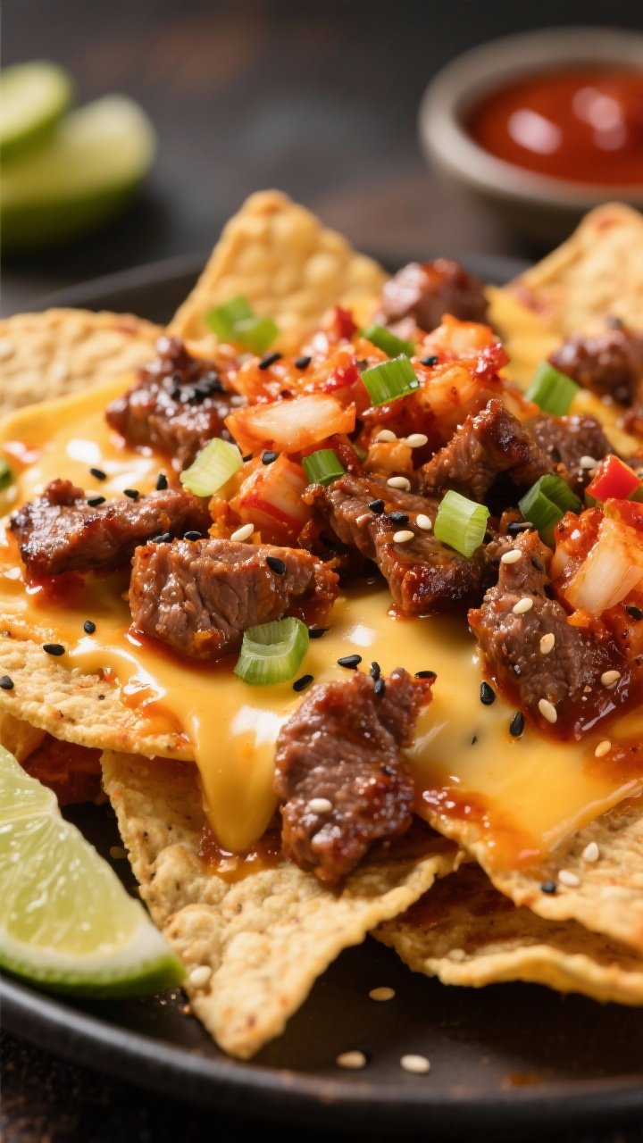 Close-up detail of Spicy Korean Bulgogi Nachos post-bake: caramelized gochujang-glossed beef over me