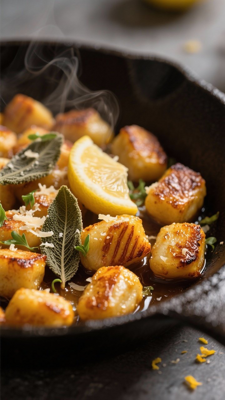 Close-up detail: Pan-seared pumpkin gnocchi in brown butter with crisped sage leaves and micro-grate