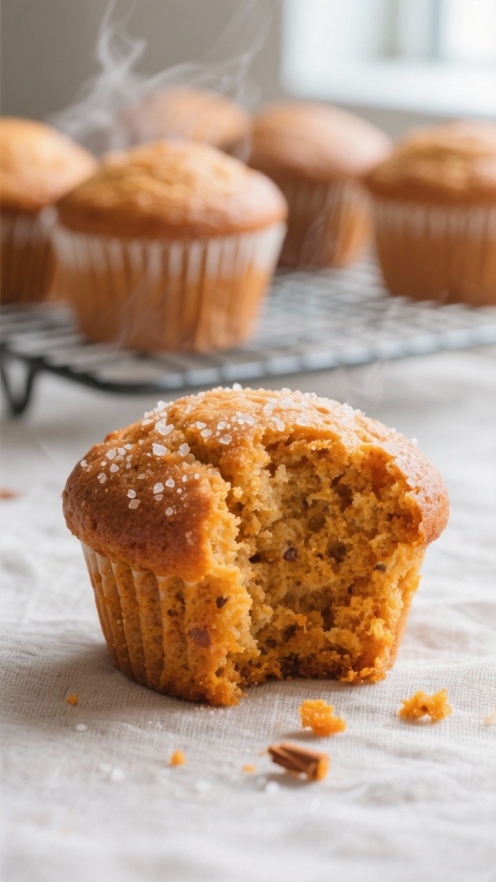 Close-up detail shot: A freshly baked classic bakery-style pumpkin muffin torn open to reveal an ult