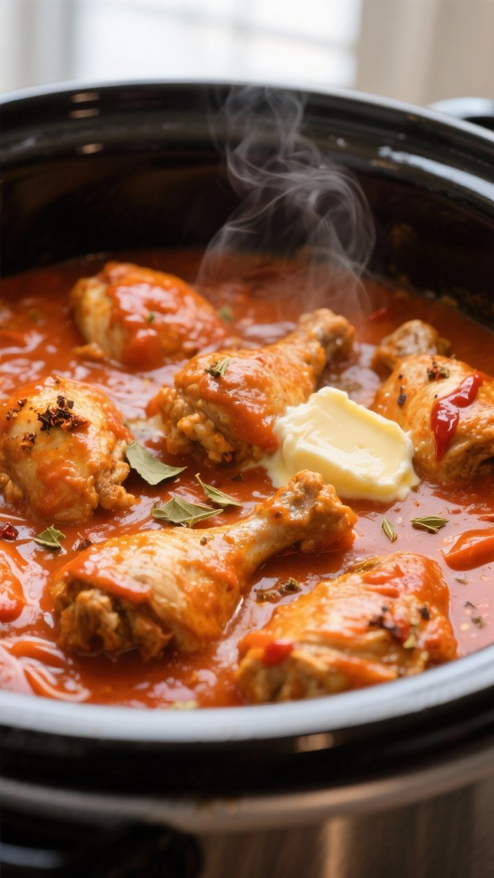 Close-up detail shot: Crockpot butter chicken simmering after cream and butter are stirred in, gloss