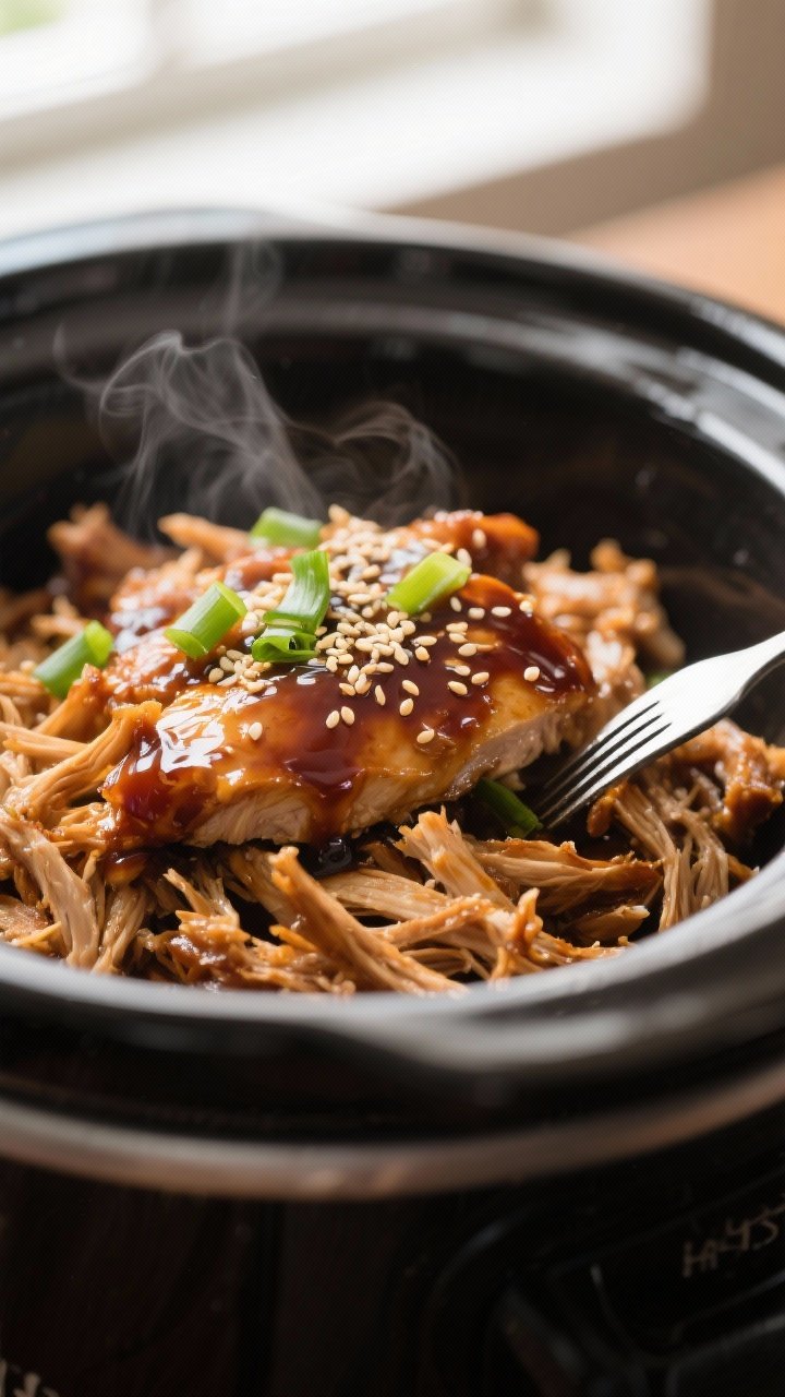Close-up detail shot: Fork-tender shredded teriyaki chicken just returned to the slow cooker, every