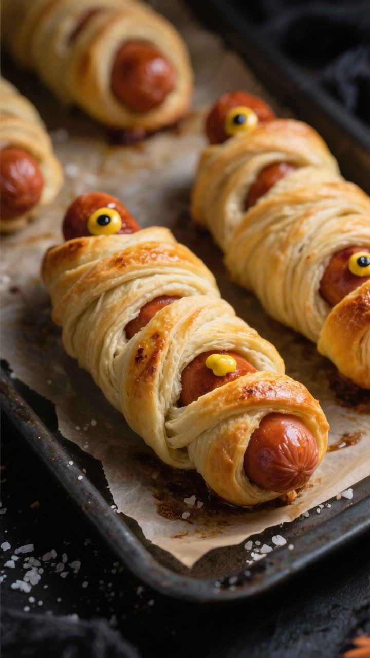 Close-up detail shot: Freshly baked Mummy Dogs just out of the oven at 375°F, golden crescent dough