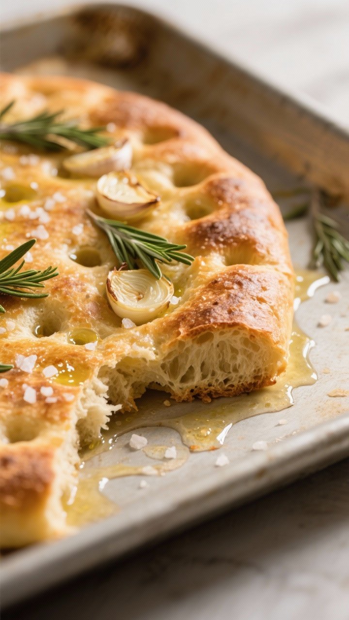 Close-up detail shot of freshly baked sourdough focaccia just out of the oven, showing deeply golden