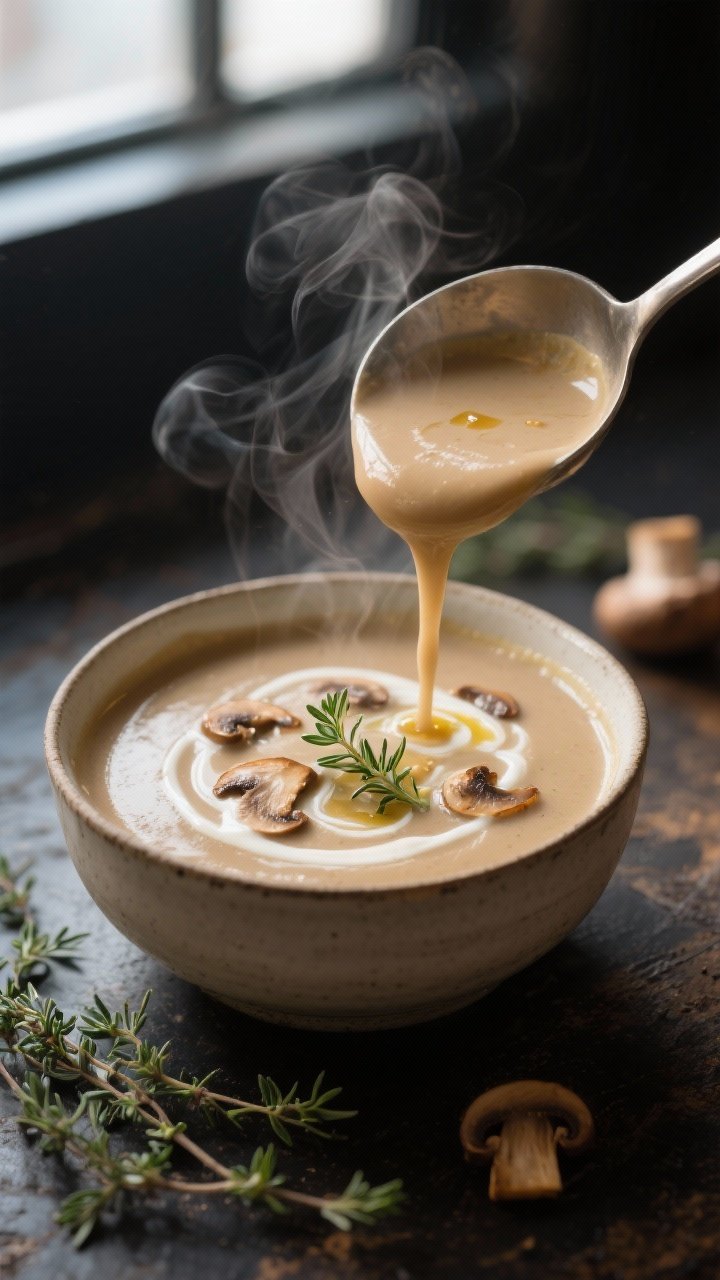 Close-up detail shot of Mushroom Thyme Velouté being ladled into a warm bowl: silky, velvet-smooth 