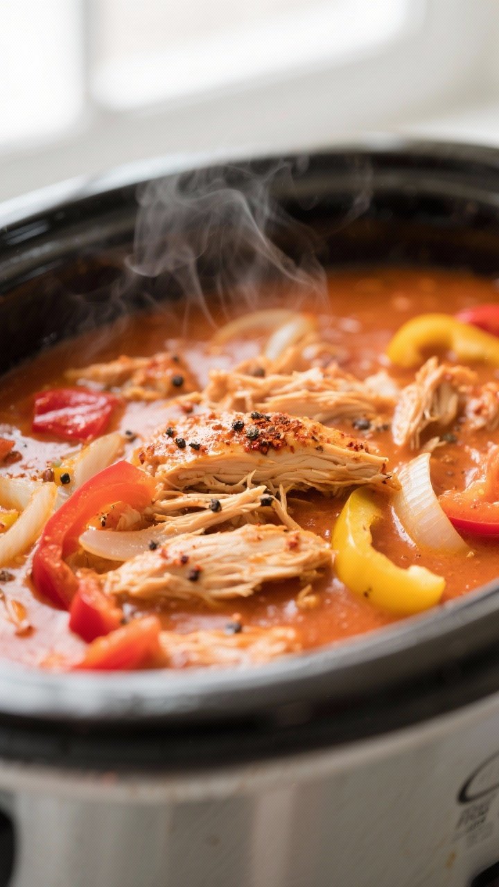 Close-up detail: Shredded Cajun-spiced chicken simmering in a glossy, creamy tomato sauce inside a s