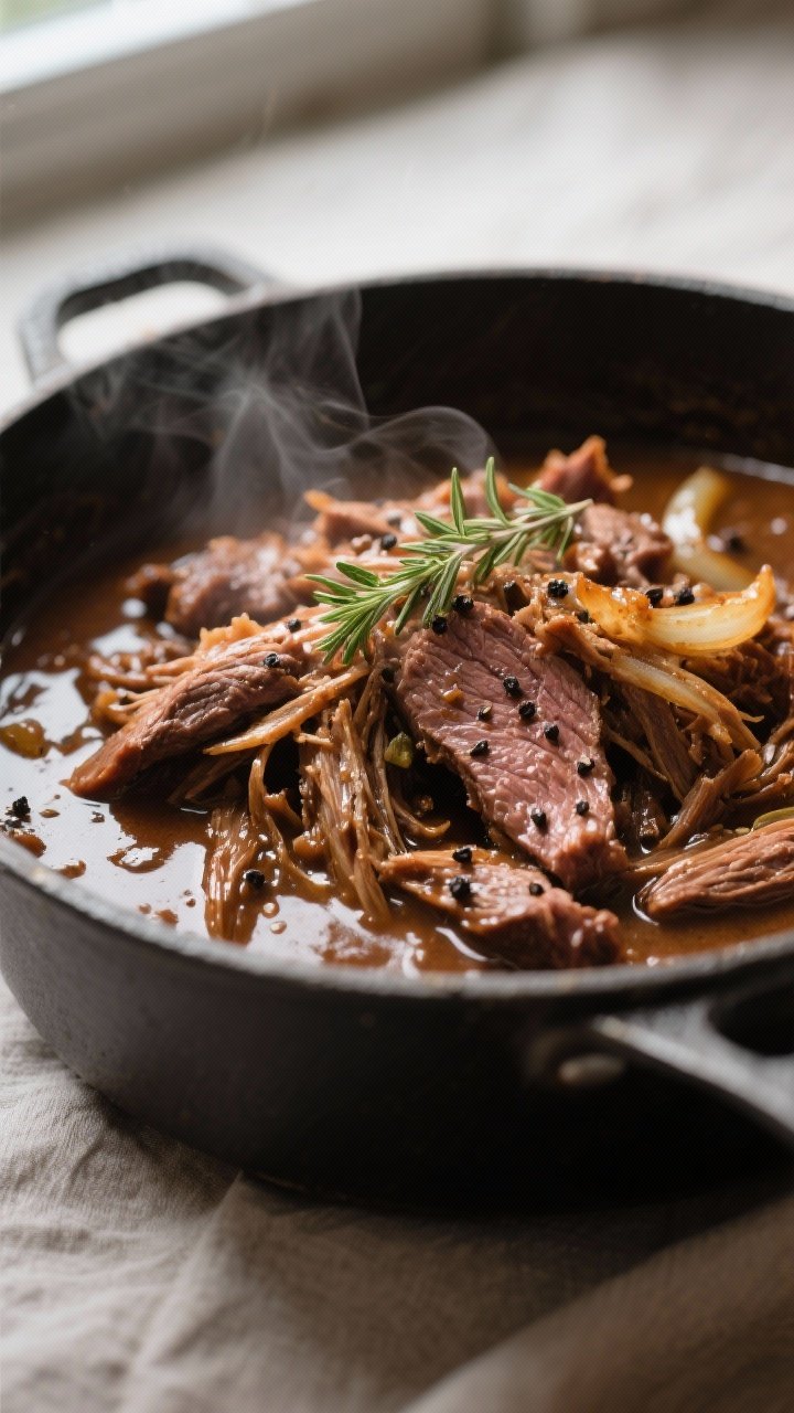Close-up detail: Shredded chuck roast folded back into glossy beef gravy in a saucepan, strands of b