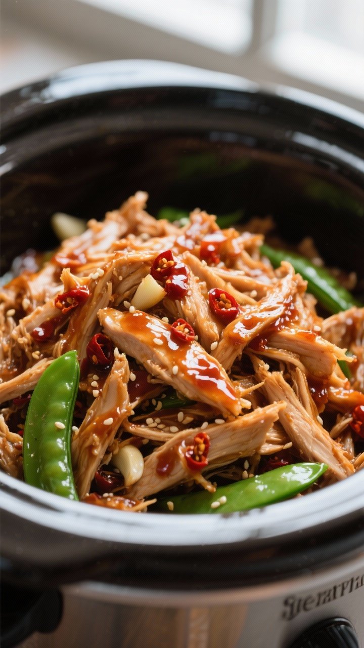 Close-up detail: Shredded sweet chili chicken just after thickening, glistening in a slow cooker wit
