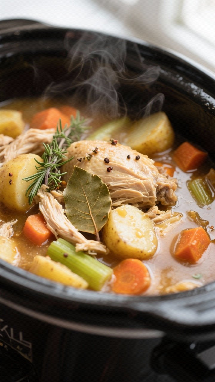 Close-up detail: Slow cooker chicken stew mid-simmer with shredded chicken and chunky Yukon gold pot