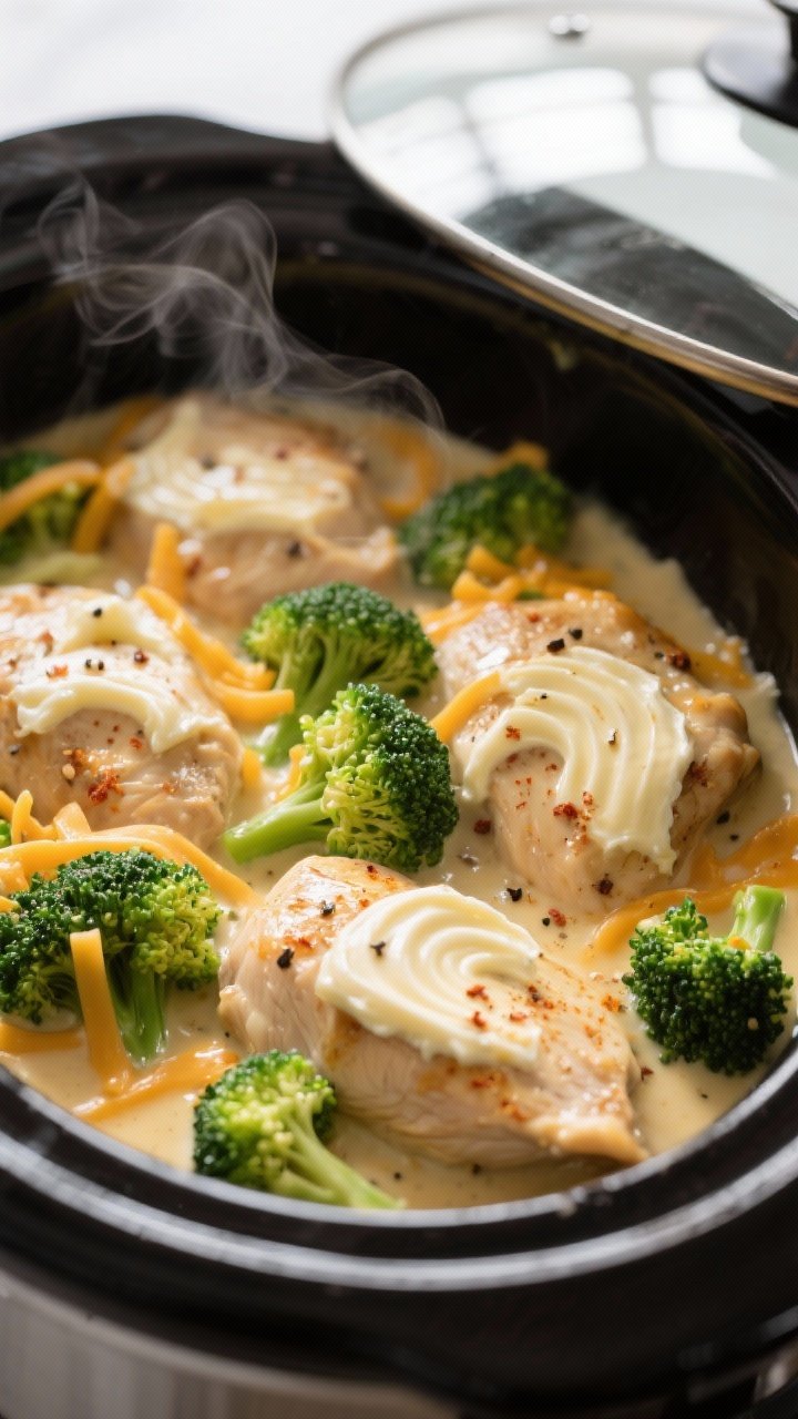 Close-up detail: Slow cooker creamy broccoli cheddar chicken mid-cook, lid off, steam rising; tender