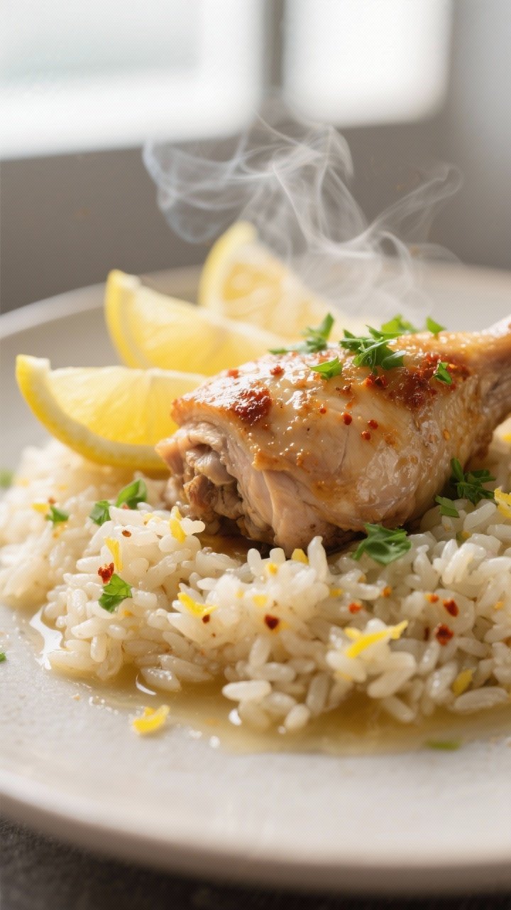 Close-up detail: Tender slow-cooked chicken thigh nestled over lemon-garlic rice, grains glistening