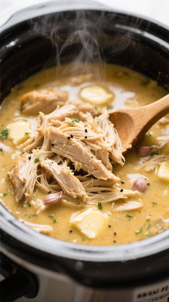Close-up detail: Ultra-close shot of shredded crockpot chicken bathed in silky, golden gravy inside