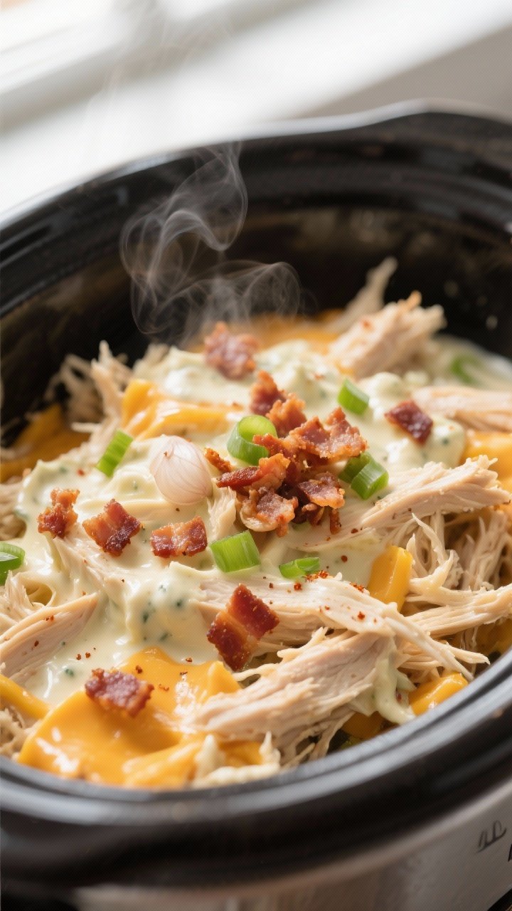 Close-up detail: Ultra-creamy shredded crack chicken just after shredding in a slow cooker, glossy r
