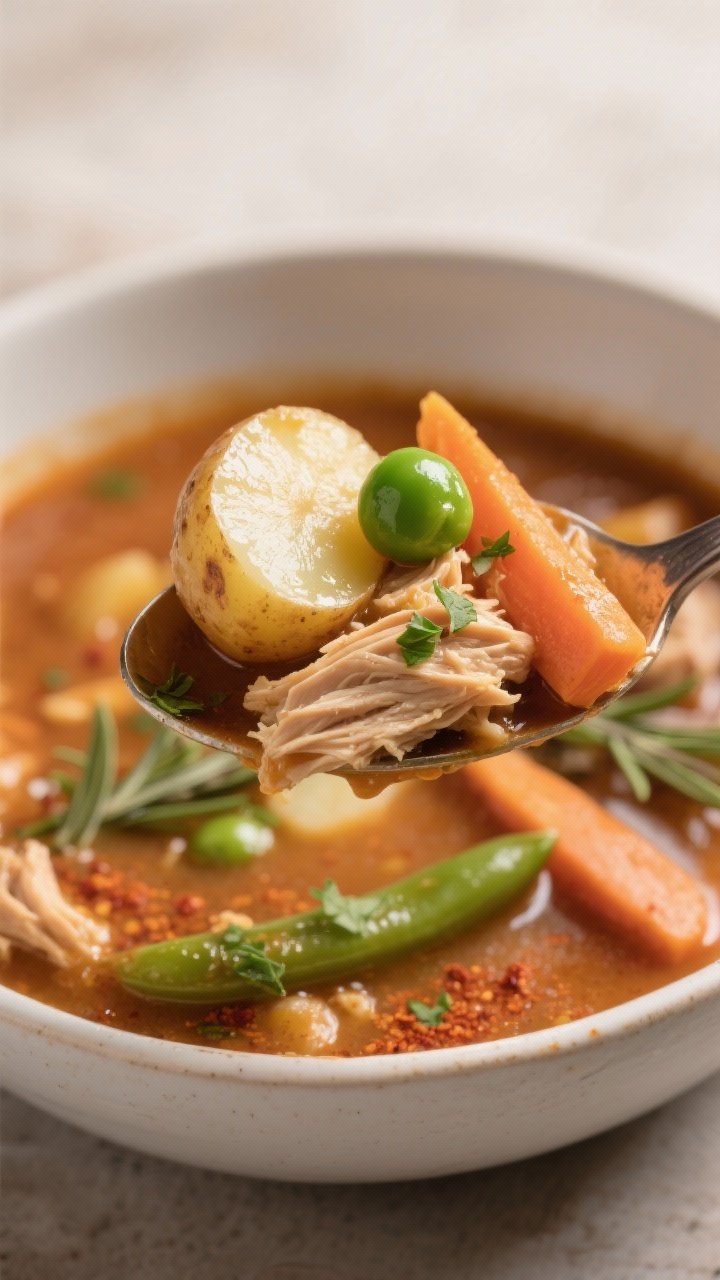 Close-up final dish detail: Extreme close-up of a spoon lifting a bite of the stew from a bowl—shr