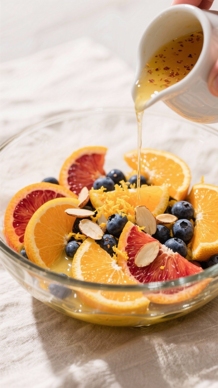 Cooking process/action shot: Citrus Ginger Glow being dressed in a glass mixing bowl, overhead view 