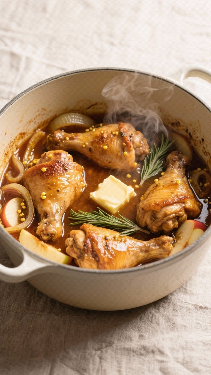 Cooking process: Apple Cider Braised Chicken Thighs in a Dutch oven — golden-browned thighs nestle