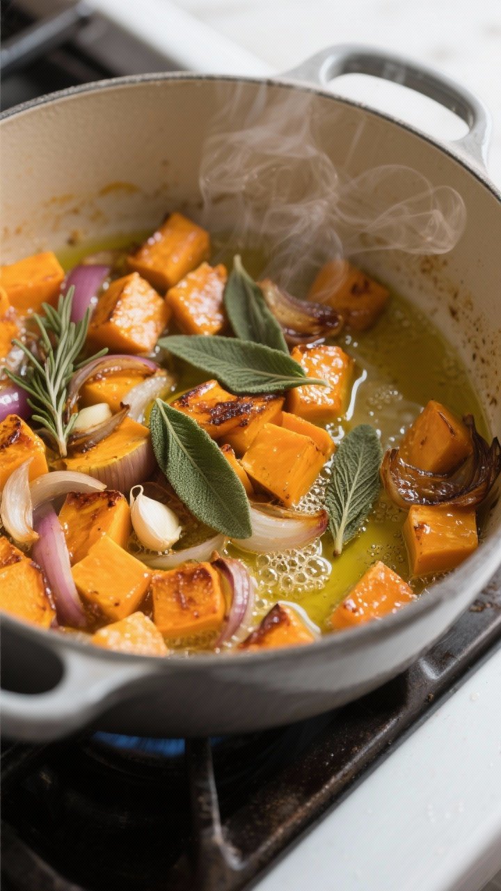 Cooking process — blooming sage and melding flavors: A wide, close-up shot of a Dutch oven on the
