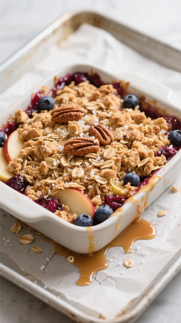 Cooking process — bubbling edges and golden crunch: Apple Berry Crisp in a 9x9-inch baking dish ju