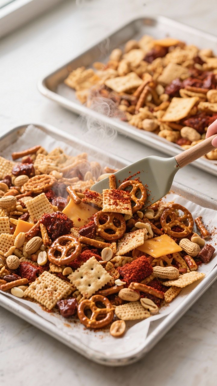 Cooking process: Chex Mix “Smoky Bonfire BBQ” mid-bake on two parchment-lined rimmed sheets at 2