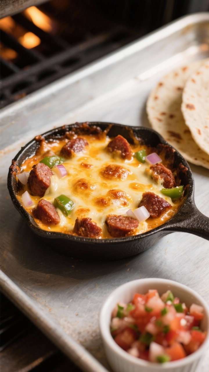 Cooking process: Chorizo Fundido under the broiler in a small cast-iron skillet—crispy-edged chori