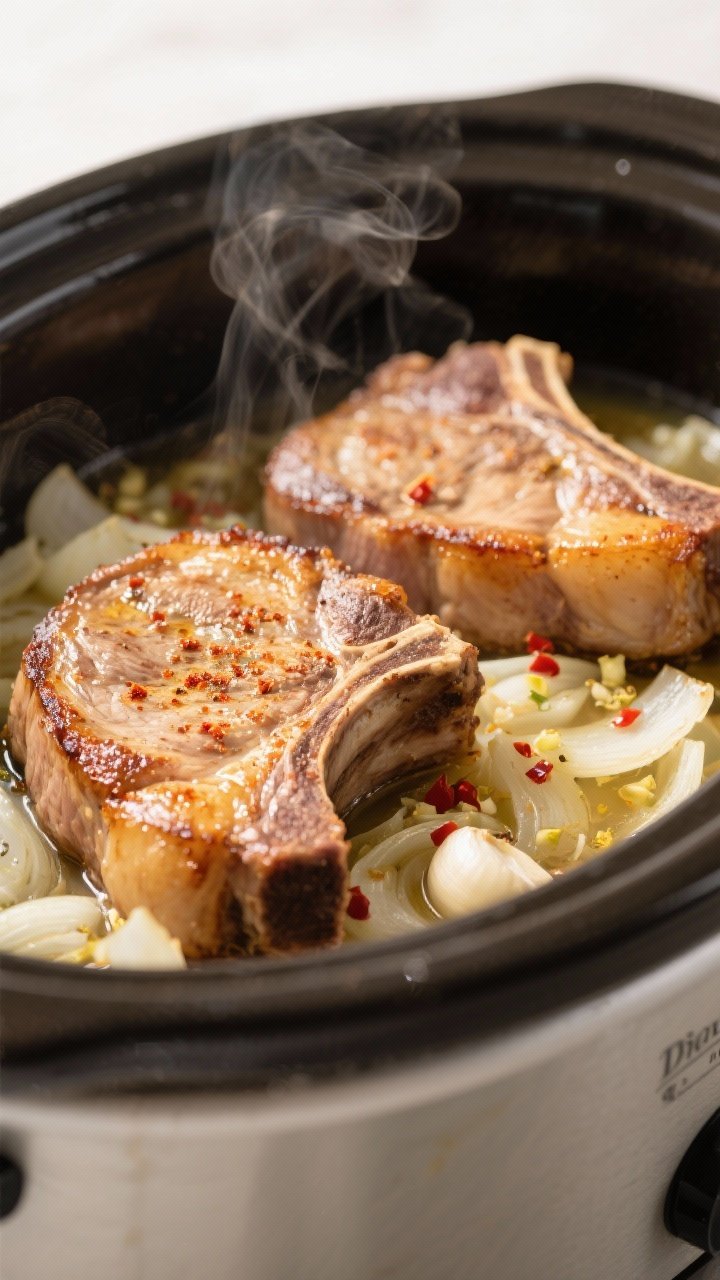 Cooking process, close-up detail: Golden-seared bone-in pork chops nestled in a slow cooker on a bed